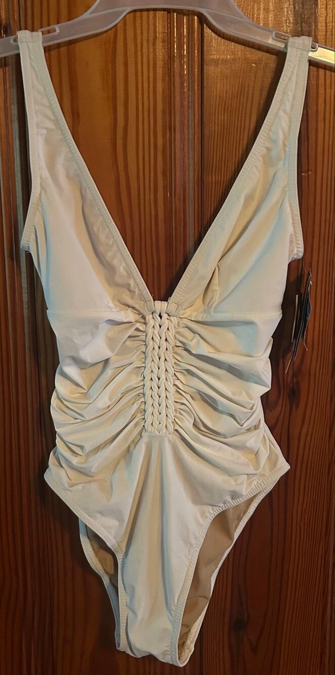 NWT Karla Colletto Women’s White One Piece Swimsuit vneck ruched bodice size 10
